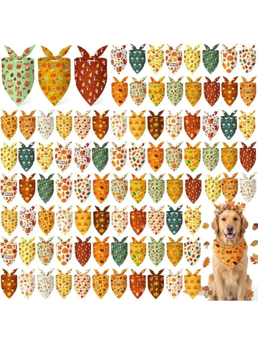 100 Pcs Fall Dog Bandanas - Autumn Leaves, Pumpkins, Acorns & Mushrooms